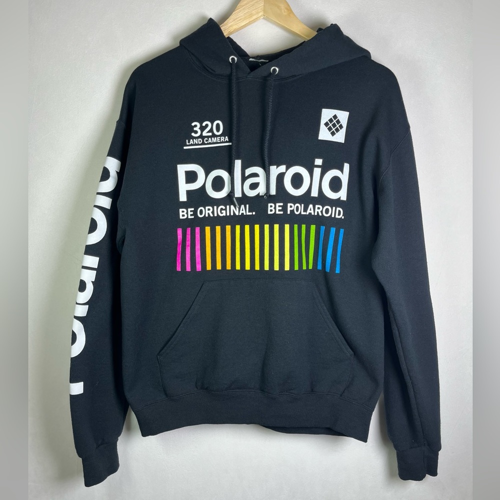 Polaroid Mens Graphic Hoodie Rainbow Stripe Logo Y2K Black Size M